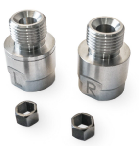Two large metal threaded adapters marked with "l" and "r" beside smaller 19mm Pedal Spacer - HEX counterparts on a white background.