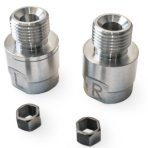 Two large metal threaded adapters marked with "l" and "r" beside smaller 19mm Pedal Spacer - HEX counterparts on a white background.