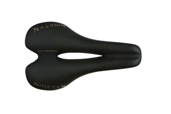 Black bicycle saddle with a central cut-out, labeled "Iron Maiden" and "ninety one" on a white background.