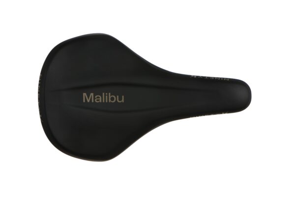 A black bicycle saddle with the word "Malibu" printed in white on the side, photographed against a white background.