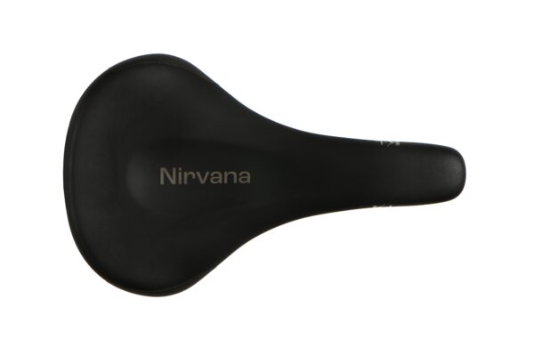 Black bicycle saddle isolated on white background with the word "Nirvana K" printed on the side.