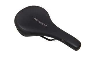 Black bicycle saddle with the brand name "Nirvana K" along with "Crankbrothers" printed on the side, displayed on a white background.
