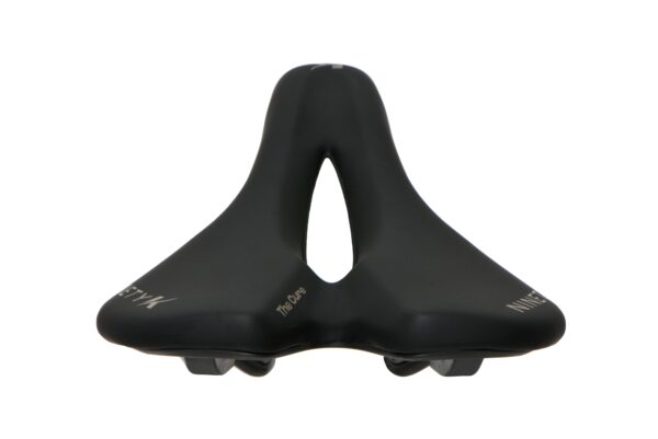 Black ergonomic bicycle saddle with a central cut-out, isolated on a white background.