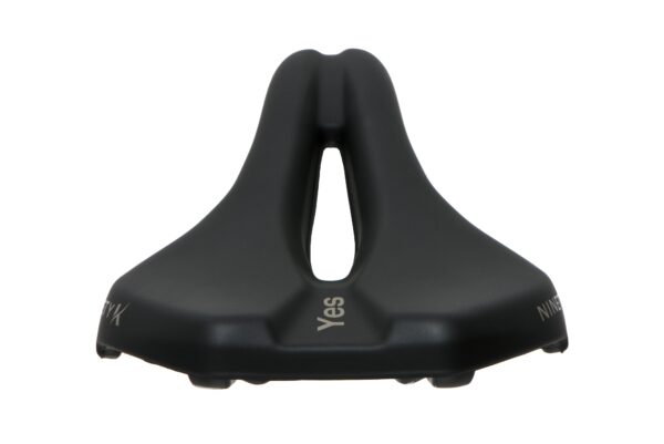 Black ergonomic bicycle saddle with a central cut-out, isolated on a white background.
