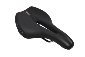 Black ergonomic bicycle saddle with the brand names "yqs" and "ninetyk" visible on its side, set against a white background.