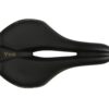 Black bicycle saddle with a central cut-out, featuring the word "yes" on the side, isolated on a white background.