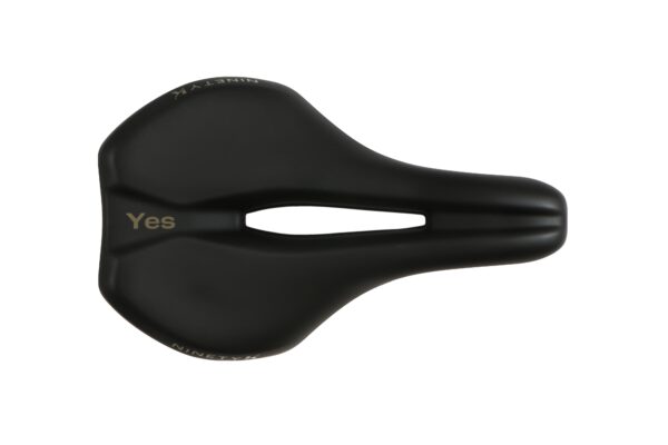 Black bicycle saddle with a central cut-out, featuring the word "yes" on the side, isolated on a white background.