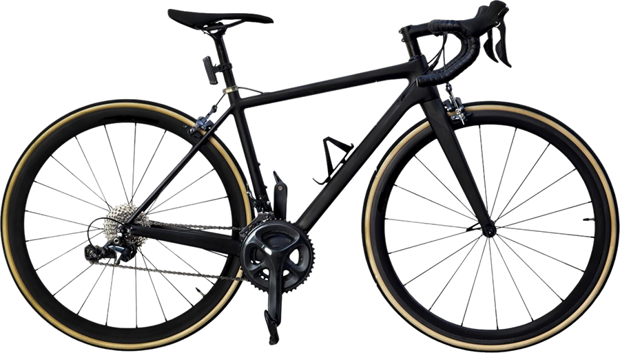 A modern black road bicycle with drop handlebars and dual disc brakes, set against a transparent background.