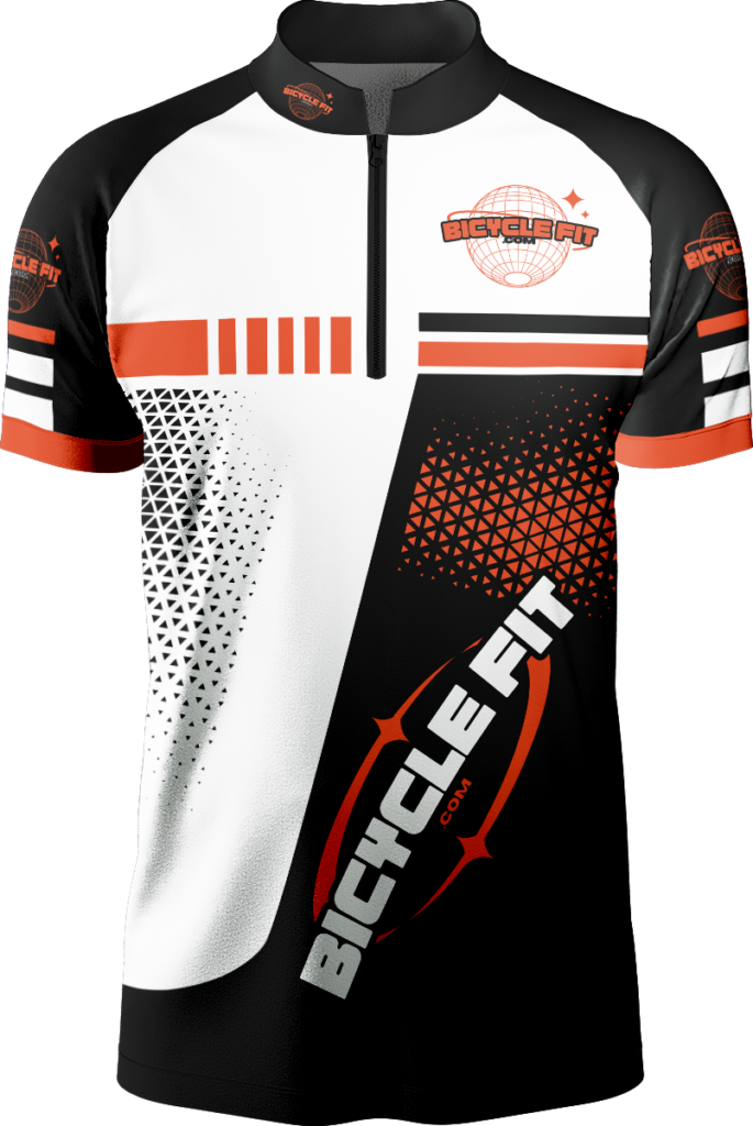 A cycling jersey featuring black, white, and orange design details, with the logo "bicycle fit guru" prominently displayed.