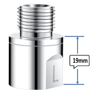 Illustration of a metal fitting with threaded top. A 19mm dimension is indicated on the cylindrical body, which has a small protrusion labeled "L.