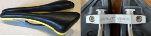 Two views of a black and yellow bicycle saddle labeled "TRICO," with a close-up showing a metal bracket labeled "SPLIT-RAIL PAT'S PEND.
