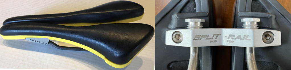 Two views of a black and yellow bicycle saddle labeled "TRICO," with a close-up showing a metal bracket labeled "SPLIT-RAIL PAT'S PEND.