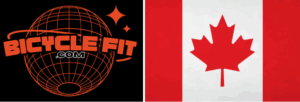 Left: An orange "BicycleFit.com" logo with a globe graphic. Right: The national flag of Canada featuring a red maple leaf on a white background with red bars on each side.