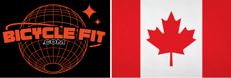 Left: An orange "BicycleFit.com" logo with a globe graphic. Right: The national flag of Canada featuring a red maple leaf on a white background with red bars on each side.